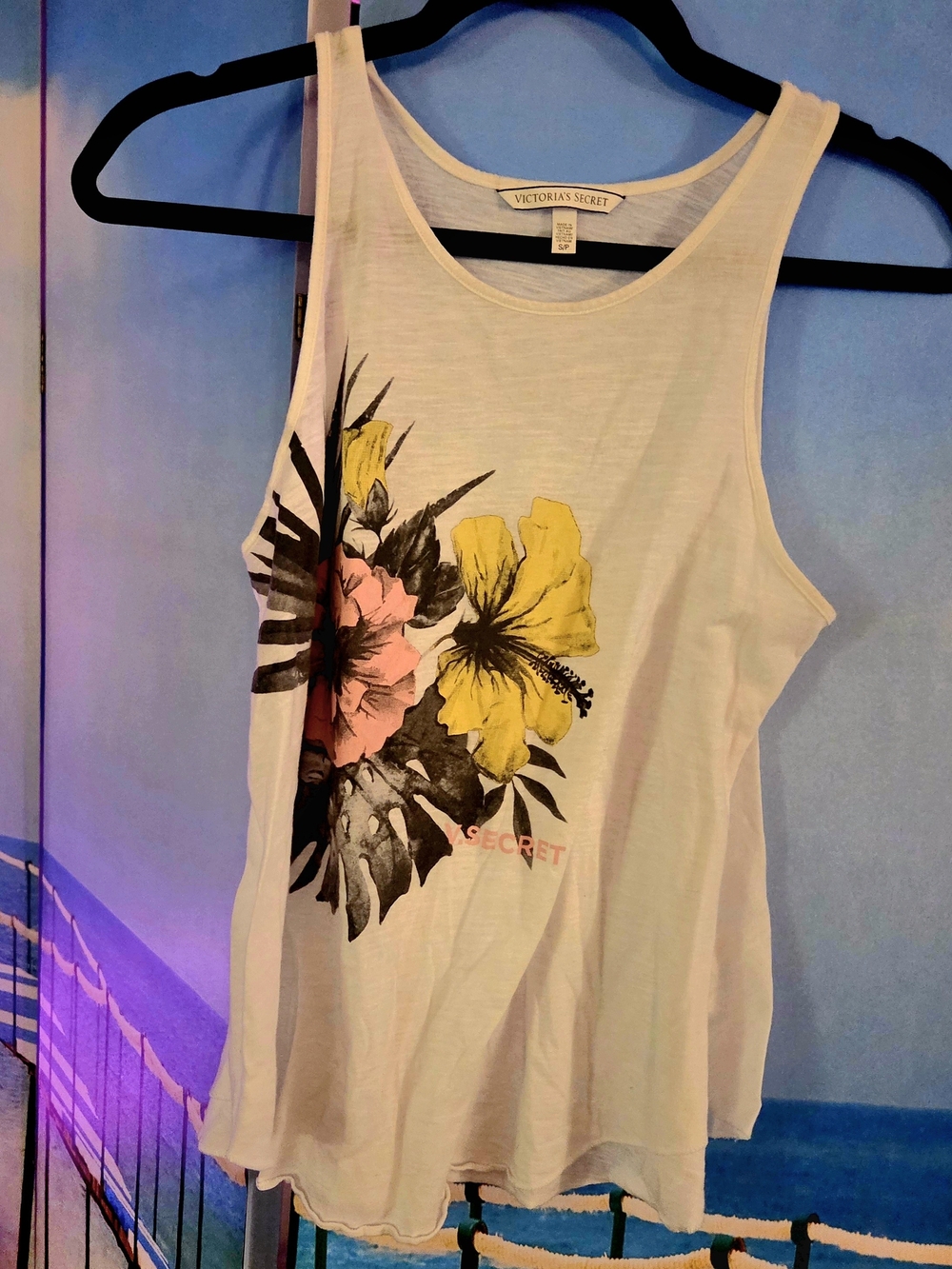 Victoria's Secret White Tank Top with Yellow & Pink Floral Print